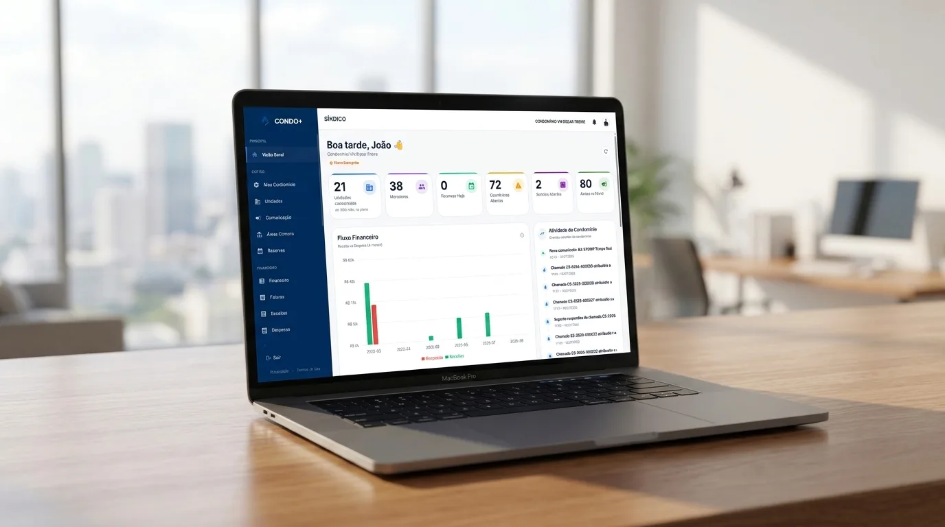 Painel do síndico do CONDO+ aberto em um notebook
